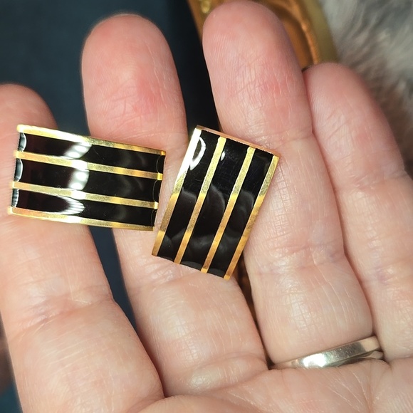 Gold and Black Striped Stainless Steel Cufflinks Brand New - Picture 8 of 10